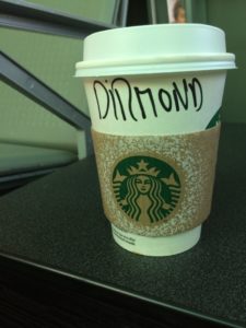 Diarmaid (as in Diarmaid Mac Mathúna) misspelled on a Starbucks cup