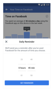 Facebook Daily Reminder screengrab showing how to set a limit on Facebook time