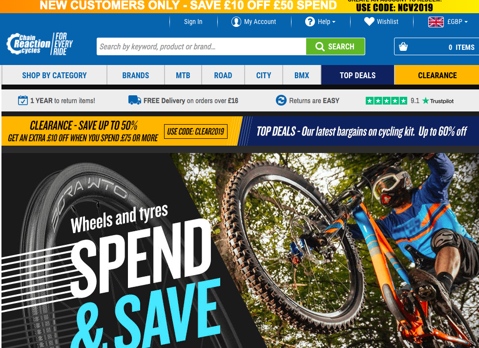 A screengrab of the Chain Reaction Cycles home page.