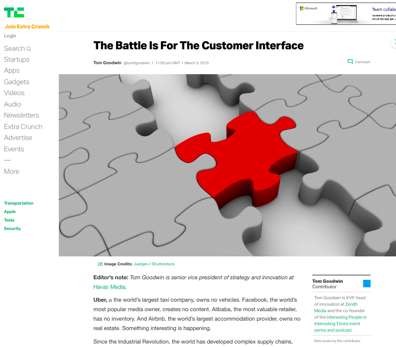 Screengrab of the now famous TechCrunch article by Tom Goodwin about the "Customer Interface" 