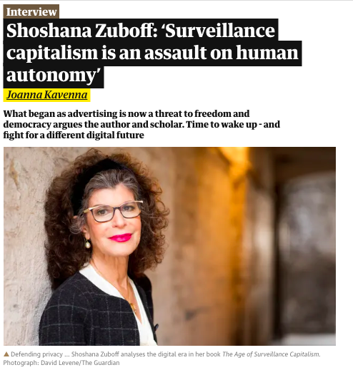 Screengrab of an interview in The Guardian with Shoshana Zuboff about her book on the Surveillance Economy